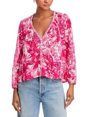 190$ Poupette St. Barth Lara Ruffle Trim Blouse Top Long Sleeves Size M Pink